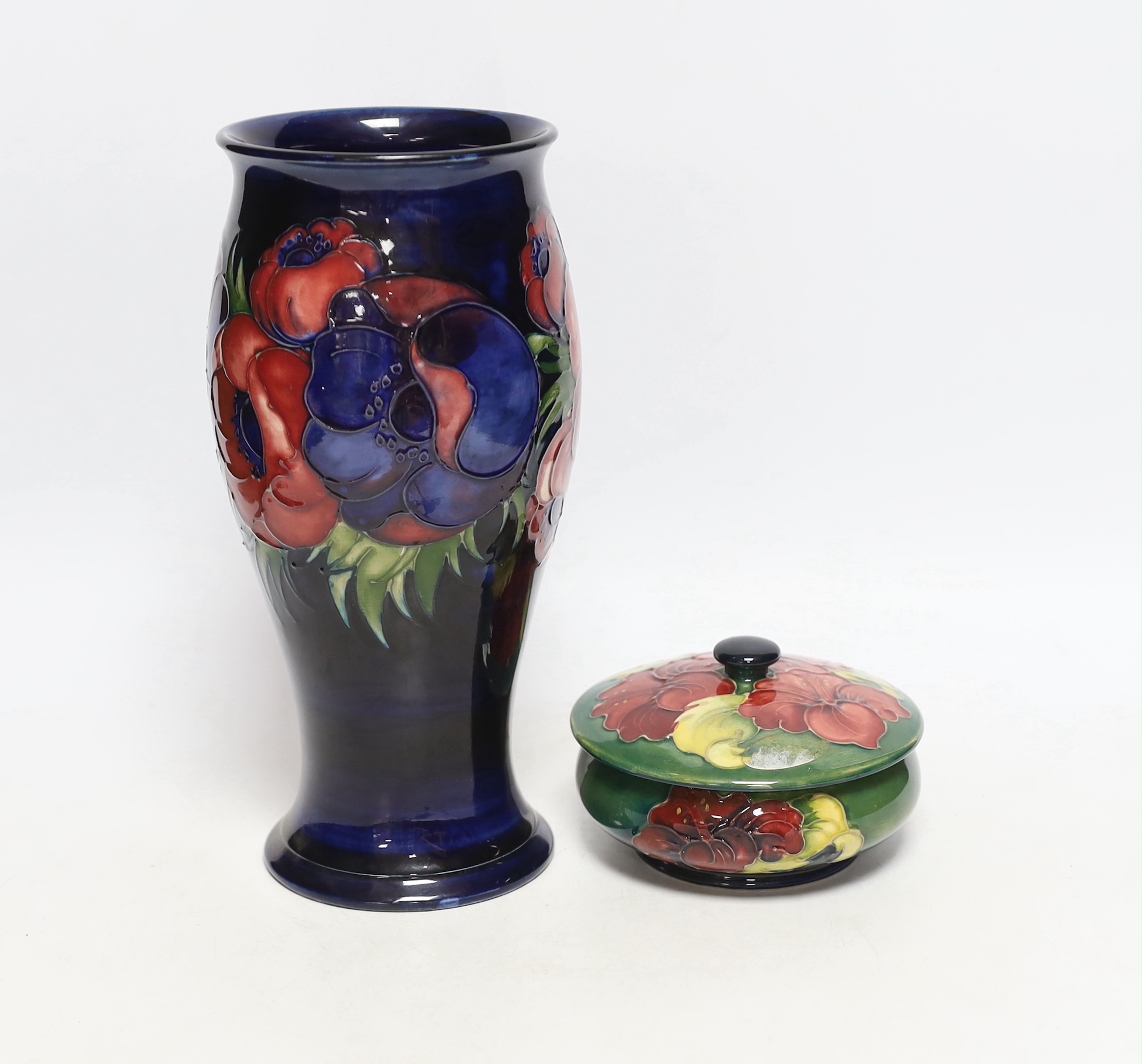 A Walter Moorcroft blue pansy pattern vase and a box and cover